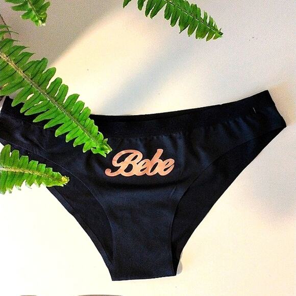 NWT bebe Luxury Intimates Panty Size L Black Luxury GOLD Monogram Logo Hi Cut - Picture 1 of 6